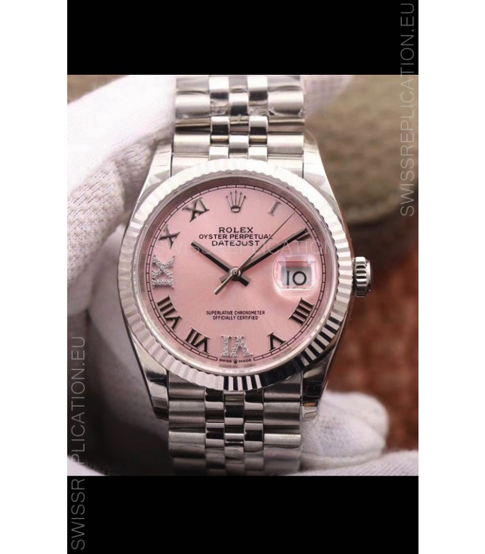 Rolex Datejust 36MM Cal.3135 Movement Swiss Replica Watch in 904L Steel Pink Dial 