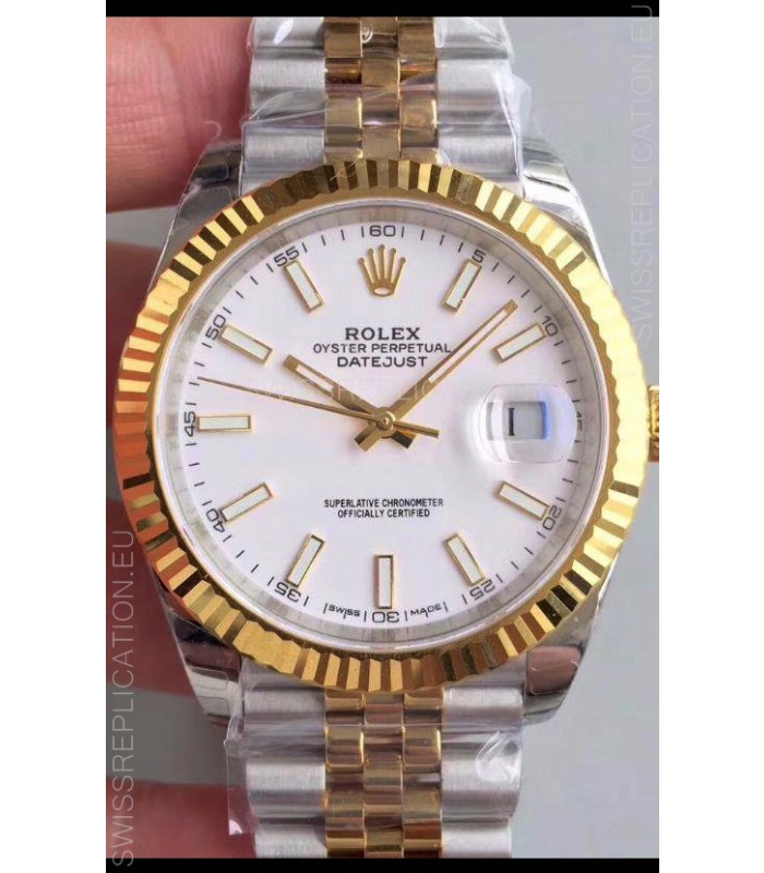 Rolex Datejust 41MM Cal.3135 Movement Swiss Replica Watch in 904L Steel Two Tone White Dial