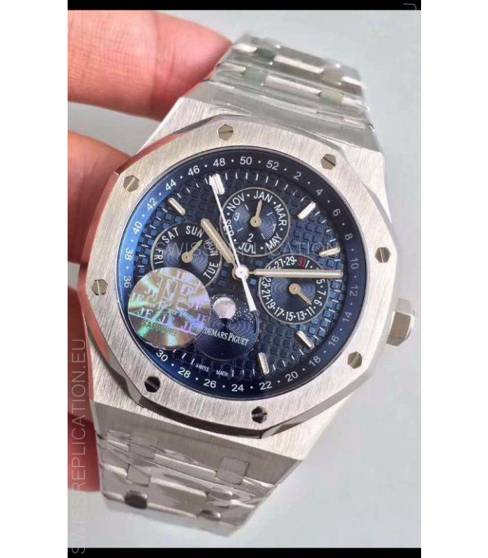 Audemars Piguet Royal Oak Perpetual Calendar Swiss Replica Steel Casing Watch in Blue Dial 