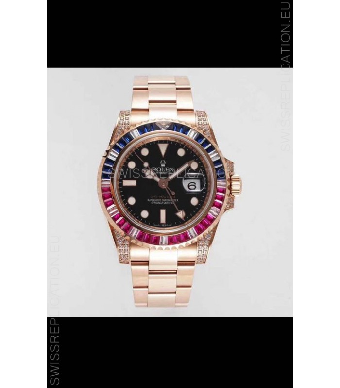 Rolex GMT Masters II Diamonds Swiss watch with Rose Gold 904L Case - 1:1 Mirror Quality 