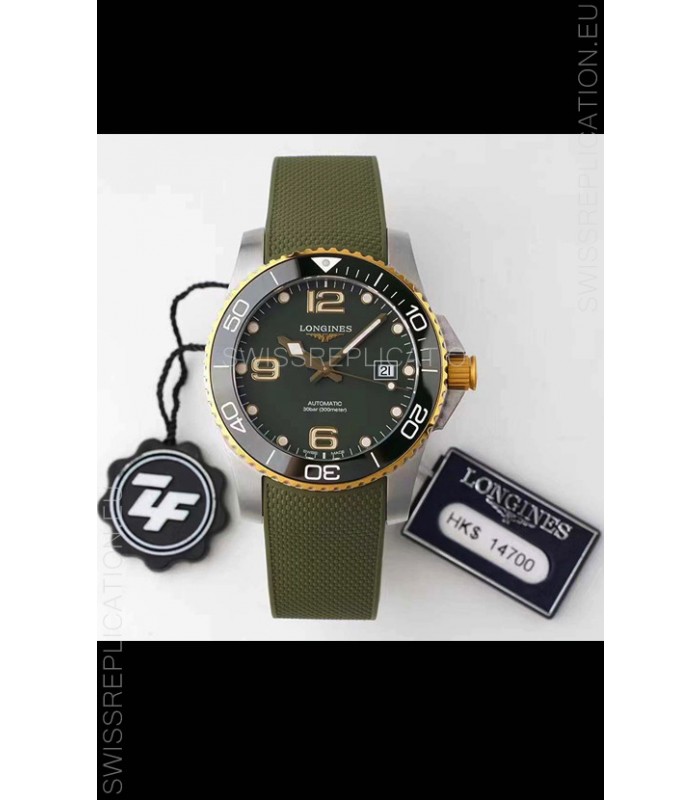 Longines HydroConquest 1:1 Swiss Replica Watch in Grey Dial Rubber Strap Yellow Gold Bezel