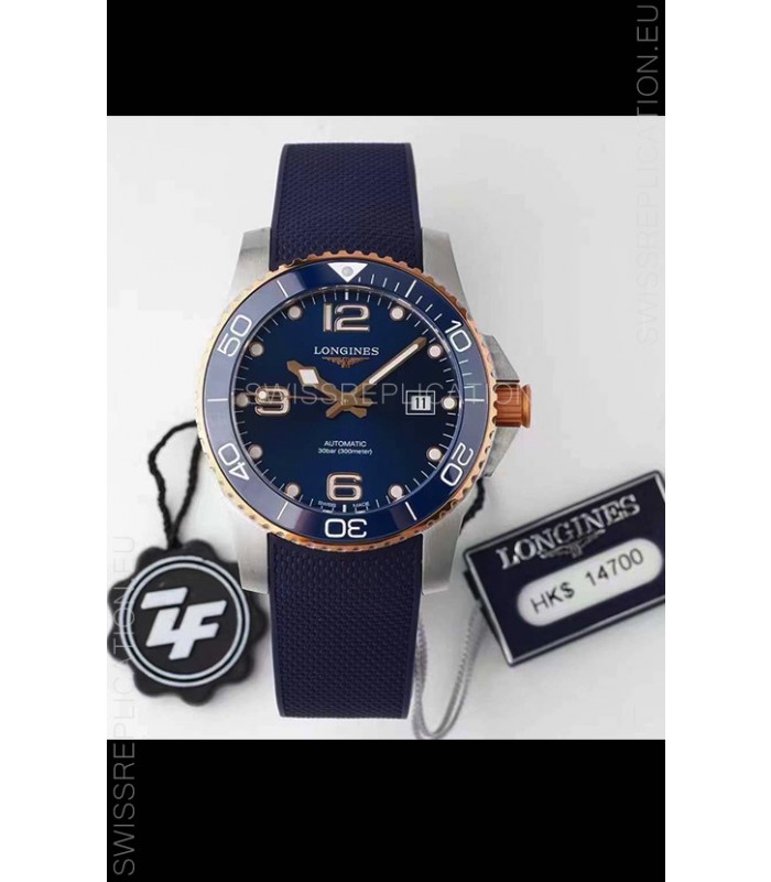 Longines HydroConquest 1:1 Swiss Replica Watch in Blue Dial Rubber Strap Rose Gold Bezel