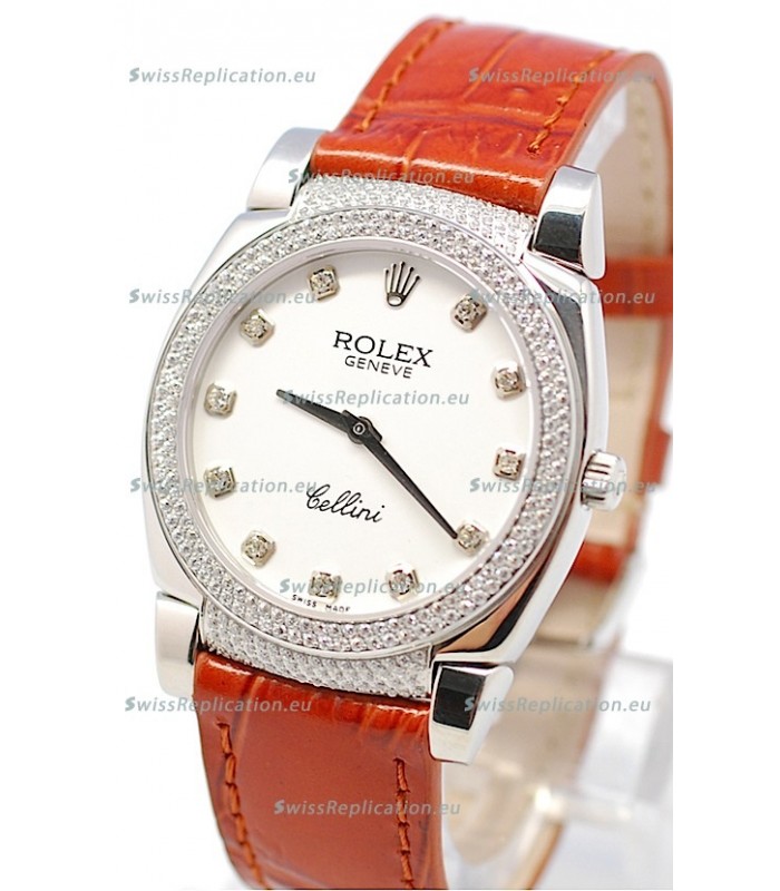 Rolex Cellini Cestello Ladies Swiss Watch White Face Diamonds Hour, Bezel and Lugs