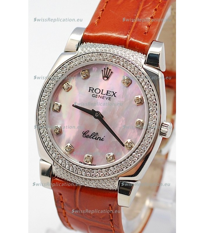 Rolex Cellini Cestello Ladies Swiss Watch in Pink Pearl Face Diamonds Hour, Bezel and Lugs
