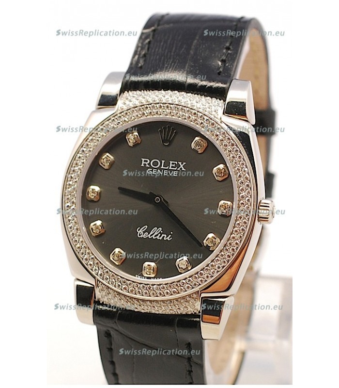 Rolex Cellini Cestello Ladies Swiss Watch in Matte Black Face and Diamond Bezel