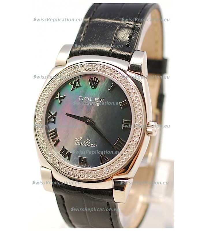 Rolex Cellini Cestello Ladies Swiss Watch in Black Pearl Face Roman Markers