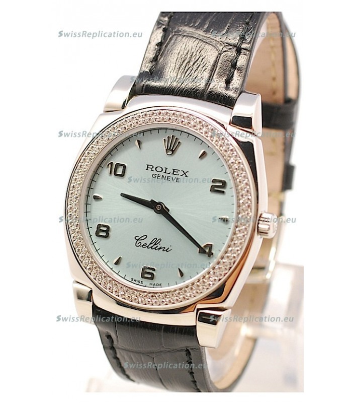Rolex Cellini Cestello Ladies Swiss Watch in Blue Face Black Leather Strap Diamonds Bezel 