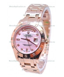 Rolex Day Date Pink Mother of Pearl Japanese Replica Watch in Diamond Markers