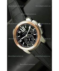 Cartier Calibre de Japanese Replica Rose Gold Watch in Leather Strap