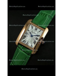 Cartier Louis Japanese Replica Ladies Rose Gold Watch in Green Strap