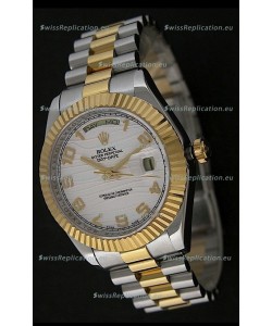 Rolex Day Date Just swiss Replica Two Tone Gold Watch in White Stripe Pattern Dial