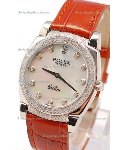 Rolex Cellini Cestello Ladies Swiss Watch in White Pearl Face Diamonds Hour, Bezel and Lugs