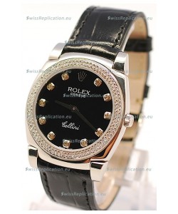 Rolex Cellini Cestello Ladies Swiss Watch in Black Face and Diamond Markers