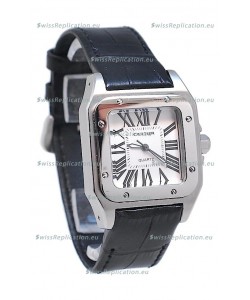 Cartier Santos 100 Japanese Ladies Replica Watch in Black Leather Strap