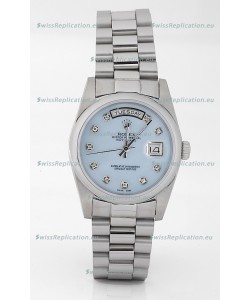 Rolex Day Date Silver Swiss Replica Watch in Mother Of Pearl Blue Dial