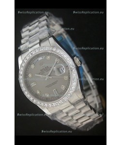 Rolex Day Date Just Japanese Replica Grey Watch in Full Diamond Bezel