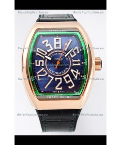 Franck Muller Vanguard Crazy Hours in Rose Gold Plating - Steel Blue Dial Swiss Replica Watch 