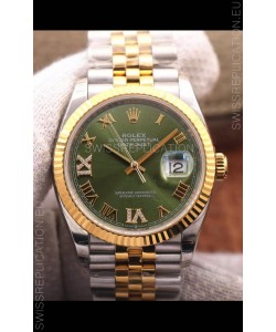 Rolex Datejust 36MM Cal.3135 Movement Swiss Replica Watch in 904L Steel Two Tone Casing Green Dial